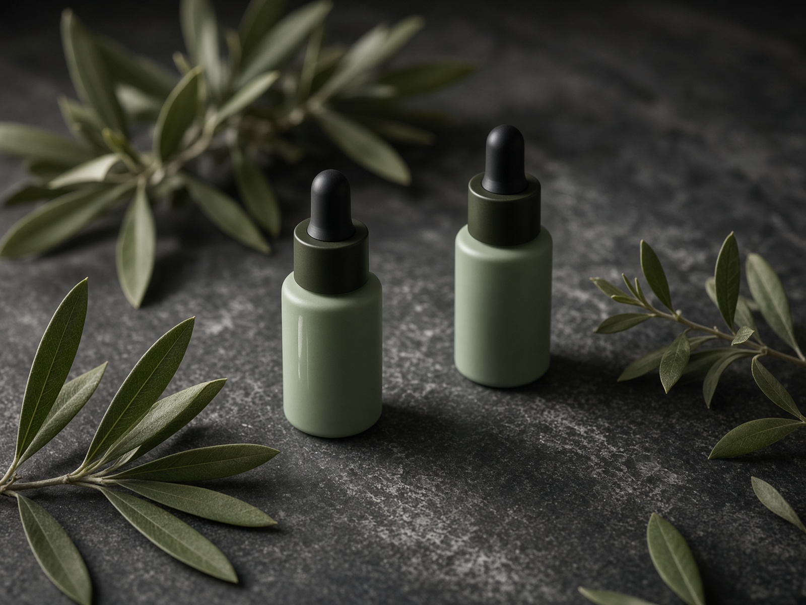 Matte glass elixir bottles and sage leaves on dark stone — a premium nutraceutical still life