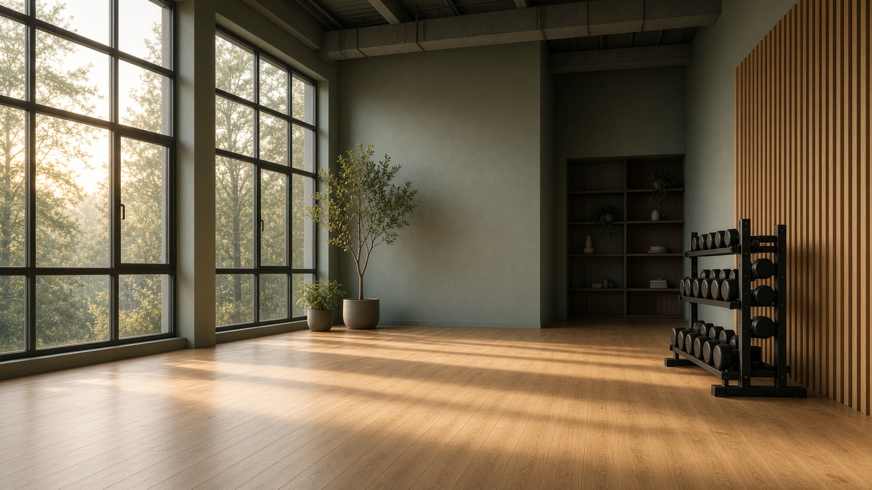 Empty contemporary wellness studio at dawn with oak floors and steel weights