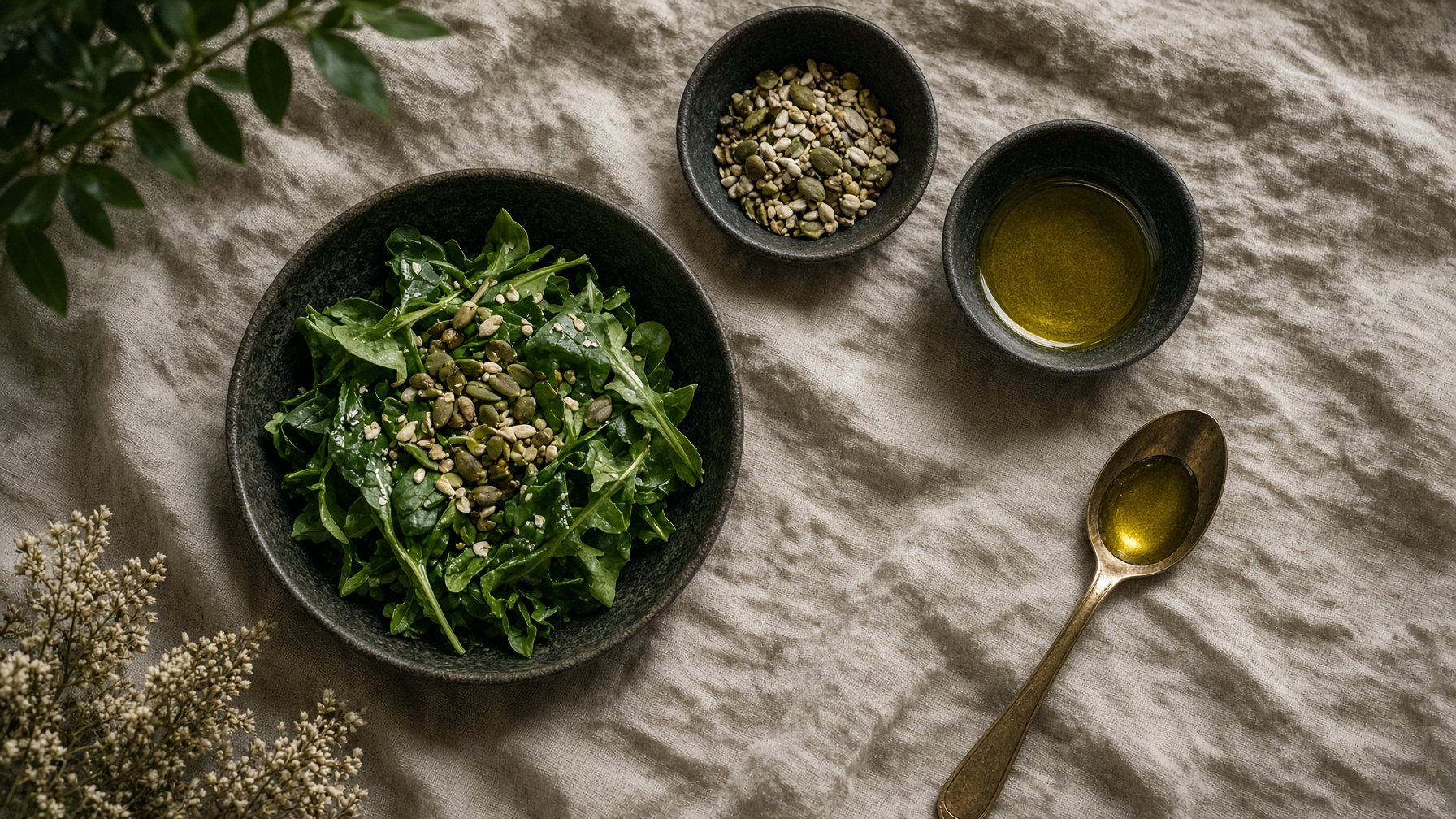 Editorial still life of greens, seeds, and olive oil in dark ceramic bowls