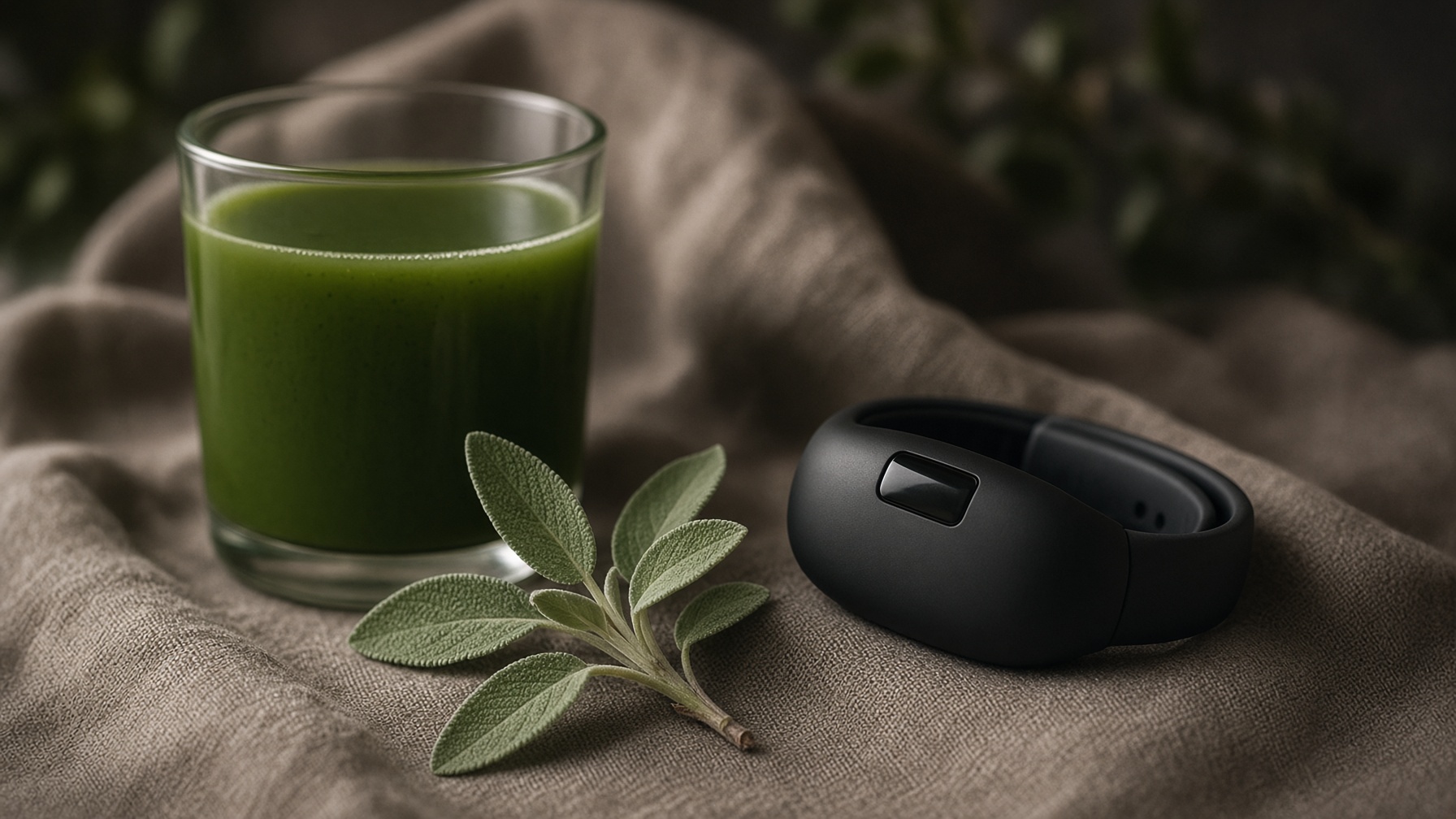 Matte black wearable beside a glass of green juice and a sage sprig